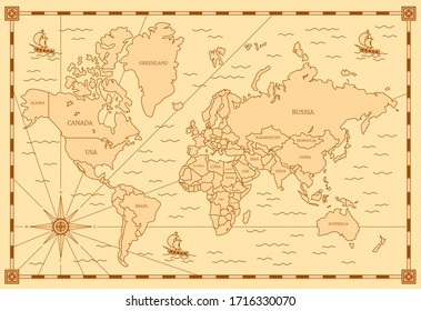 Color Classic Style of World Map with Thin Lines Elements for Web and App Design. Vector illustration