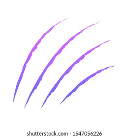 Color claws animal scratch scrape track. Cat tiger scratches paw shape. Four nails trace. Funny design element. Ragged edges. White background. Isolated. Vector illustration.