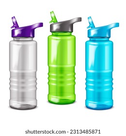 Color clear plastic water bottle with flip-up sip lid and straw realistic mock-up. Reusable travel sport flask mockup. Easy editable vector illustration