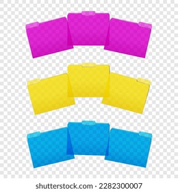 Color clear tabbed plastic file folder set on transparent background realistic vector mockup. Colorful PVC folders with cut tab mock-up