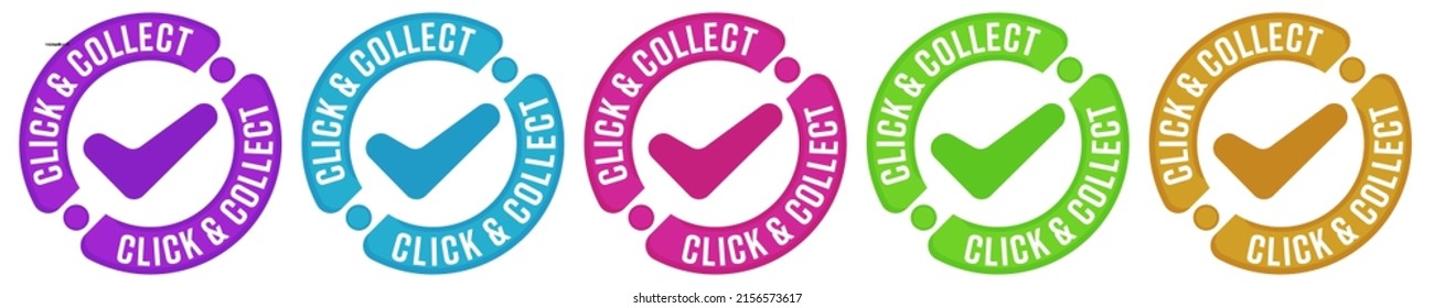 Color click and collect sticker stamp for sale promotion. Best choice, guaranteed clearance and approved quality product advertisement badge label vector illustration isolated on white background