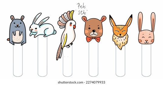 Color clip art of a pet on a white or transparent background. From a vector large set. Hare, hamster, cat, dog, mouse, raccoon, fox, kittens, toys, parrot