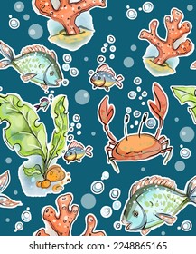 A color clipart on a light or transparent background from a sea set, a boat, a crab, a chest of gold, seagulls, an island, coral and sea fish.