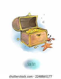A color clipart on a light or transparent background from a sea set, a boat, a crab, a chest of gold, seagulls, an island, coral and sea fish.