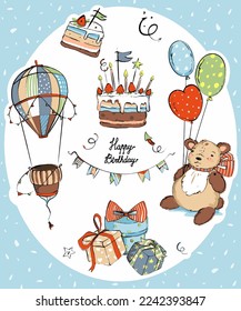 Color clipart from the set "Happy Birthday" Cake, balloons, candles, teddy bear