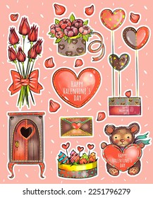 Color clipart from the Valentine's Day set. A teddy bear with a heart, a bouquet of red roses, chocolate-covered strawberries, rose petals and romantic gifts. Postcard, frame, pattern, bookmarks.