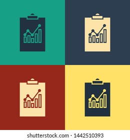 Color Clipboard with graph chart icon isolated on color background. Report text file icon. Accounting sign. Audit, analysis, planning. Vintage style drawing. Vector Illustration
