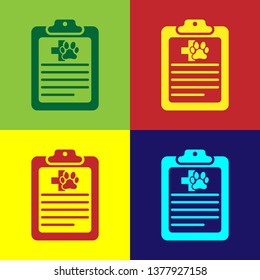Color Clipboard with medical clinical record pet icon isolated on color backgrounds. Health insurance form. Medical check marks report. Vector Illustration