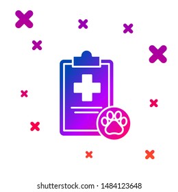 Color Clipboard with medical clinical record pet icon isolated on white background. Health insurance form. Medical check marks report. Gradient random dynamic shapes. Vector Illustration