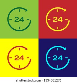 Color Clock 24 hours icon isolated on color backgrounds. All day cyclic icon. 24 hours service symbol. Flat design. Vector Illustration