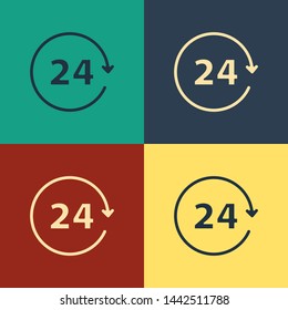 Color Clock 24 hours icon isolated on color background. All day cyclic icon. 24 hours service symbol. Vintage style drawing. Vector Illustration