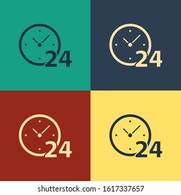 Color Clock 24 hours icon isolated on color background. All day cyclic icon. 24 hours service symbol. Vintage style drawing. Vector Illustration
