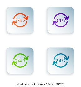 Color Clock 24 hours icon isolated on white background. All day cyclic icon. 24 hours service symbol. Set icons in square buttons. Vector Illustration