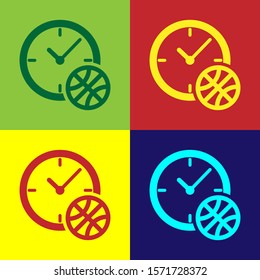 Color Clock with basketball ball inside icon isolated on color background. Basketball time. Sport and training.  Vector Illustration