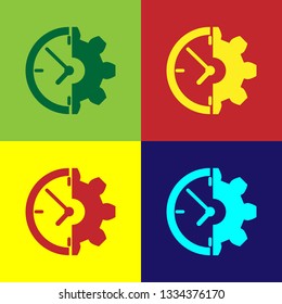 Color Clock and gear icon isolated on color backgrounds. Time Management symbol. Business concept. Flat design. Vector Illustration