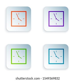 Color Clock icon isolated on white background. Time symbol. Set icons in colorful square buttons. Vector Illustration