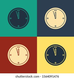 Color Clock icon isolated on color background. Time symbol. Merry Christmas and Happy New Year. Vintage style drawing. Vector Illustration