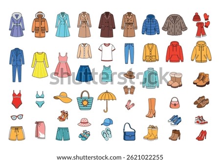 Color clothing icon set. Vector illustration of clothes, shoes, hats, and fashion accessories.