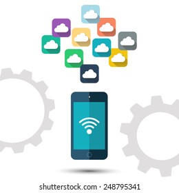 Color cloud computing icons with wifi symbol.