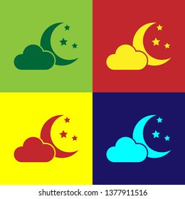 Color Cloud with moon and stars icon isolated on color backgrounds. Cloudy night sign. Sleep dreams symbol. Night or bed time sign. Flat design. Vector Illustration