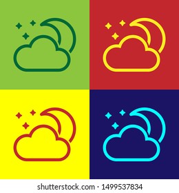 Color Cloud with moon and stars icon isolated on color background. Cloudy night sign. Sleep dreams symbol. Night or bed time sign.  Vector Illustration