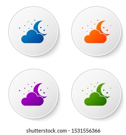 Color Cloud with moon and stars icon isolated on white background. Cloudy night sign. Sleep dreams symbol. Night or bed time sign. Set icons in circle buttons. Vector Illustration