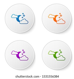 Color Cloud with moon and stars icon isolated on white background. Cloudy night sign. Sleep dreams symbol. Night or bed time sign. Set icons in circle buttons. Vector Illustration