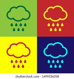 Color Cloud with rain icon isolated on color background. Rain cloud precipitation with rain drops.  Vector Illustration