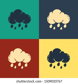 Color Cloud with rain icon isolated on color background. Rain cloud precipitation with rain drops. Vintage style drawing. Vector Illustration