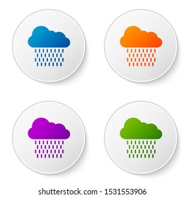 Color Cloud with rain icon isolated on white background. Rain cloud precipitation with rain drops. Set icons in circle buttons. Vector Illustration