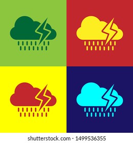 Color Cloud with rain and lightning icon isolated on color background. Rain cloud precipitation with rain drops.Weather icon of storm.  Vector Illustration