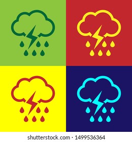 Color Cloud with rain and lightning icon isolated on color background. Rain cloud precipitation with rain drops.Weather icon of storm.  Vector Illustration