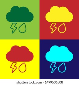 Color Cloud with rain and lightning icon isolated on color background. Rain cloud precipitation with rain drops.Weather icon of storm.  Vector Illustration