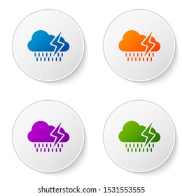 Color Cloud with rain and lightning icon isolated on white background. Rain cloud precipitation with rain drops.Weather icon of storm. Set icons in circle buttons. Vector Illustration