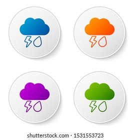 Color Cloud with rain and lightning icon isolated on white background. Rain cloud precipitation with rain drops.Weather icon of storm. Set icons in circle buttons. Vector Illustration