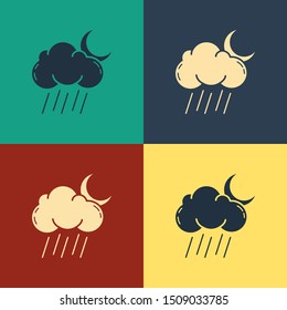 Color Cloud with rain and moon icon isolated on color background. Rain cloud precipitation with rain drops. Vintage style drawing. Vector Illustration