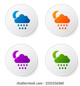 Color Cloud with rain and moon icon isolated on white background. Rain cloud precipitation with rain drops. Set icons in circle buttons. Vector Illustration