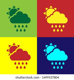 Color Cloud with rain and sun icon isolated on color background. Rain cloud precipitation with rain drops.  Vector Illustration