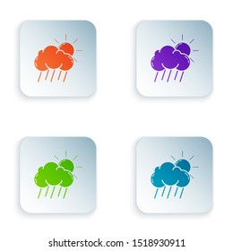 Color Cloud with rain and sun icon isolated on white background. Rain cloud precipitation with rain drops. Set icons in colorful square buttons. Vector Illustration