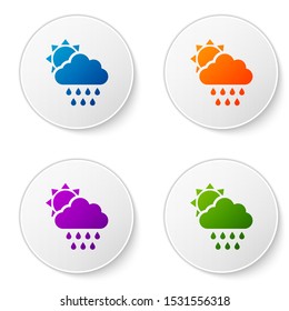 Color Cloud with rain and sun icon isolated on white background. Rain cloud precipitation with rain drops. Set icons in circle buttons. Vector Illustration