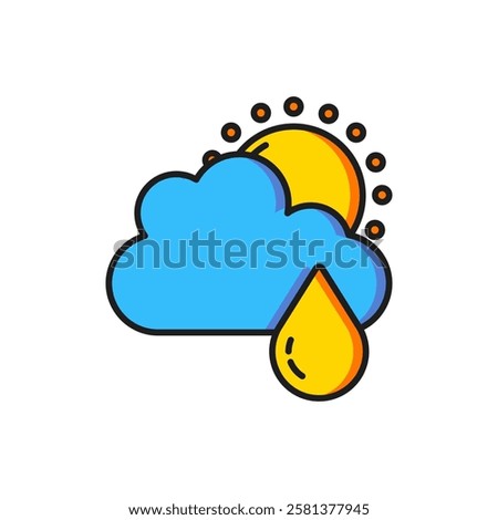 Color Cloud with rain and sun icon isolated on white background. Rain cloud precipitation with rain drops. Flat filled outline style with shadow. Vector