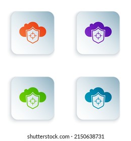 Color Cloud and shield icon isolated on white background. Cloud storage data protection. Security, safety, protection, privacy concept. Set colorful icons in square buttons. Vector