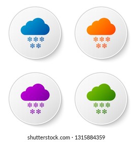 Color Cloud with snow icon isolated on white background. Cloud with snowflakes. Single weather icon. Snowing sign. Set color icon in circle buttons. Vector Illustration