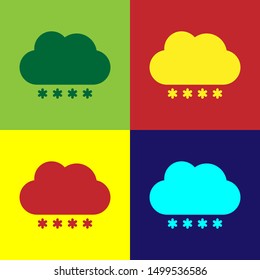 Color Cloud with snow icon isolated on color background. Cloud with snowflakes. Single weather icon. Snowing sign.  Vector Illustration