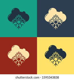 Color Cloud with snow icon isolated on color background. Cloud with snowflakes. Single weather icon. Snowing sign. Vintage style drawing. Vector Illustration