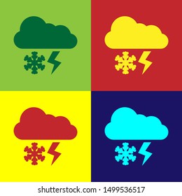 Color Cloud with snow and lightning icon isolated on color background. Cloud with snowflakes. Single weather icon. Snowing sign.  Vector Illustration
