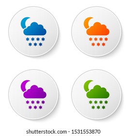 Color Cloud with snow and moon icon isolated on white background. Cloud with snowflakes. Single weather icon. Snowing sign. Set icons in circle buttons. Vector Illustration