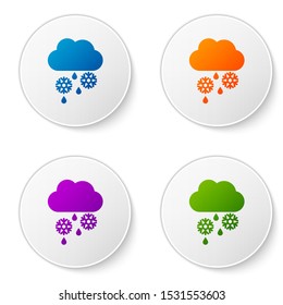 Color Cloud with snow, rain and moon icon isolated on white background. Weather icon. Set icons in circle buttons. Vector Illustration