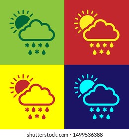 Color Cloud with snow, rain and sun icon isolated on color background. Weather icon.  Vector Illustration