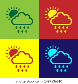 Color Cloud with snow and sun icon isolated on color background. Cloud with snowflakes. Single weather icon. Snowing sign.  Vector Illustration